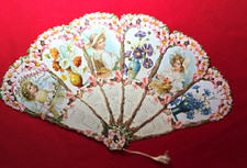 1903 Die Cut 12-Month Calendar Floral Hand Fan - 6 Blades, 3 Children- EXCELLENT