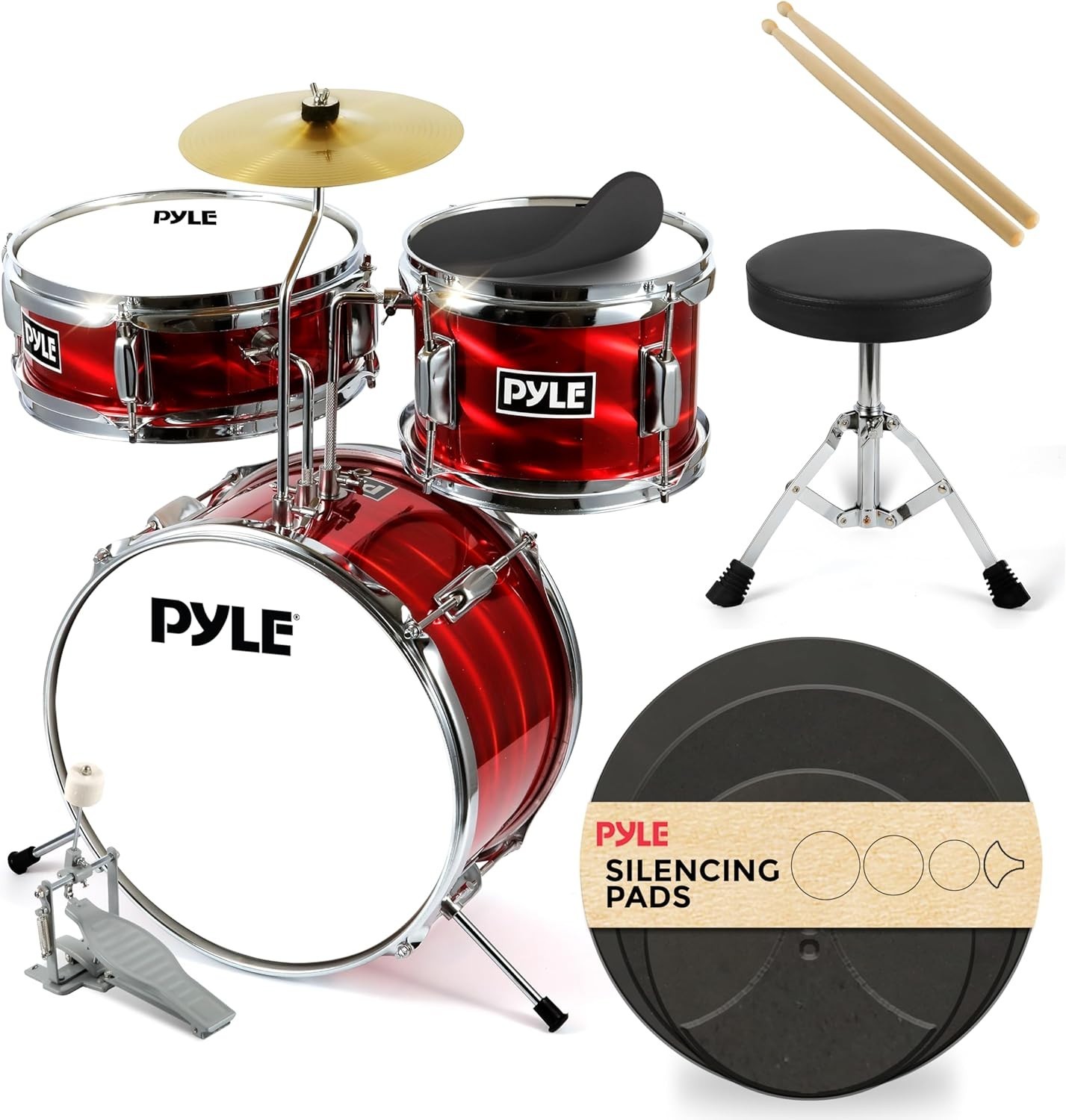 Pyle 13'' 3-Piece Kids/Junior Drum Set - Metallic Shiny Red 