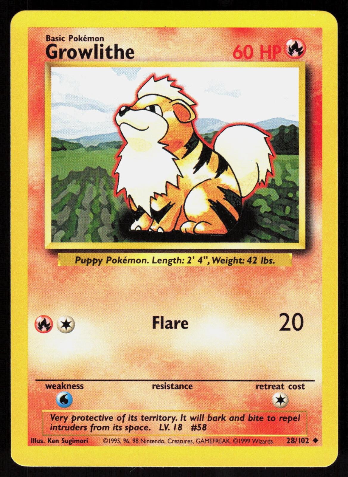 Growlithe 28/102 1999 Uncommon Base Set Unlimited Pokemon