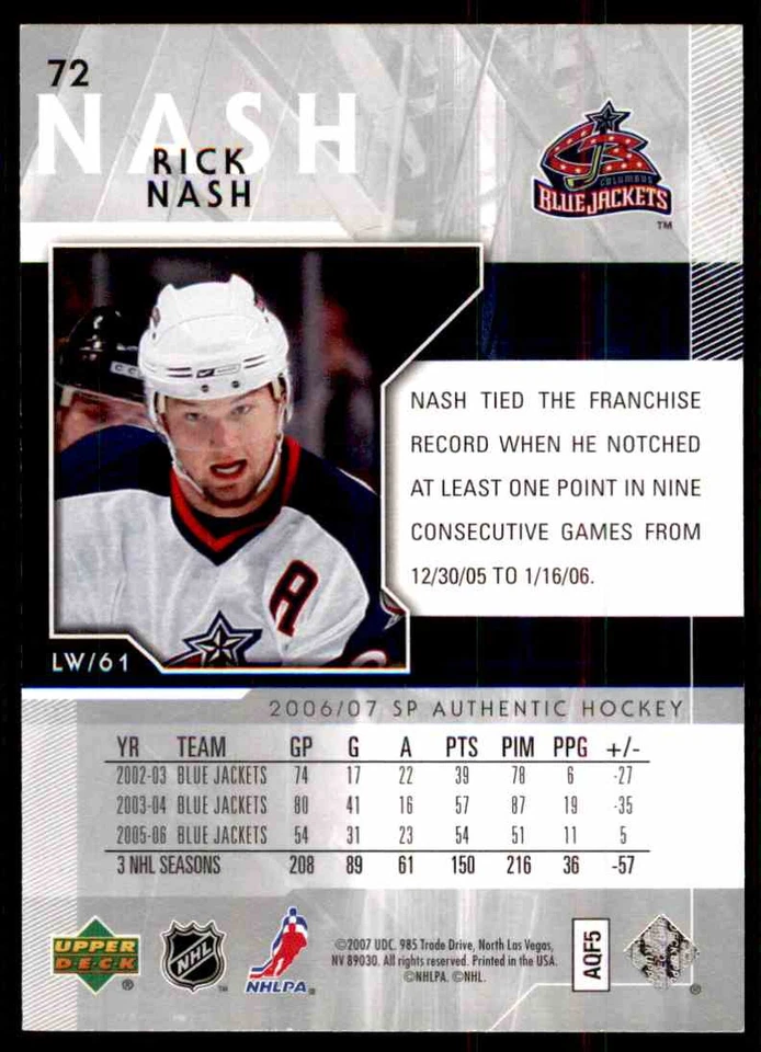 2006-07 SP AUTHENTIC RICK NASH COLUMBUS BLUE JACKETS #72 - Image 2 of 2