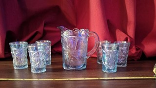 Vintage Iridescent Blue Mini Pitcher & Glasses Set (7 Pieces)