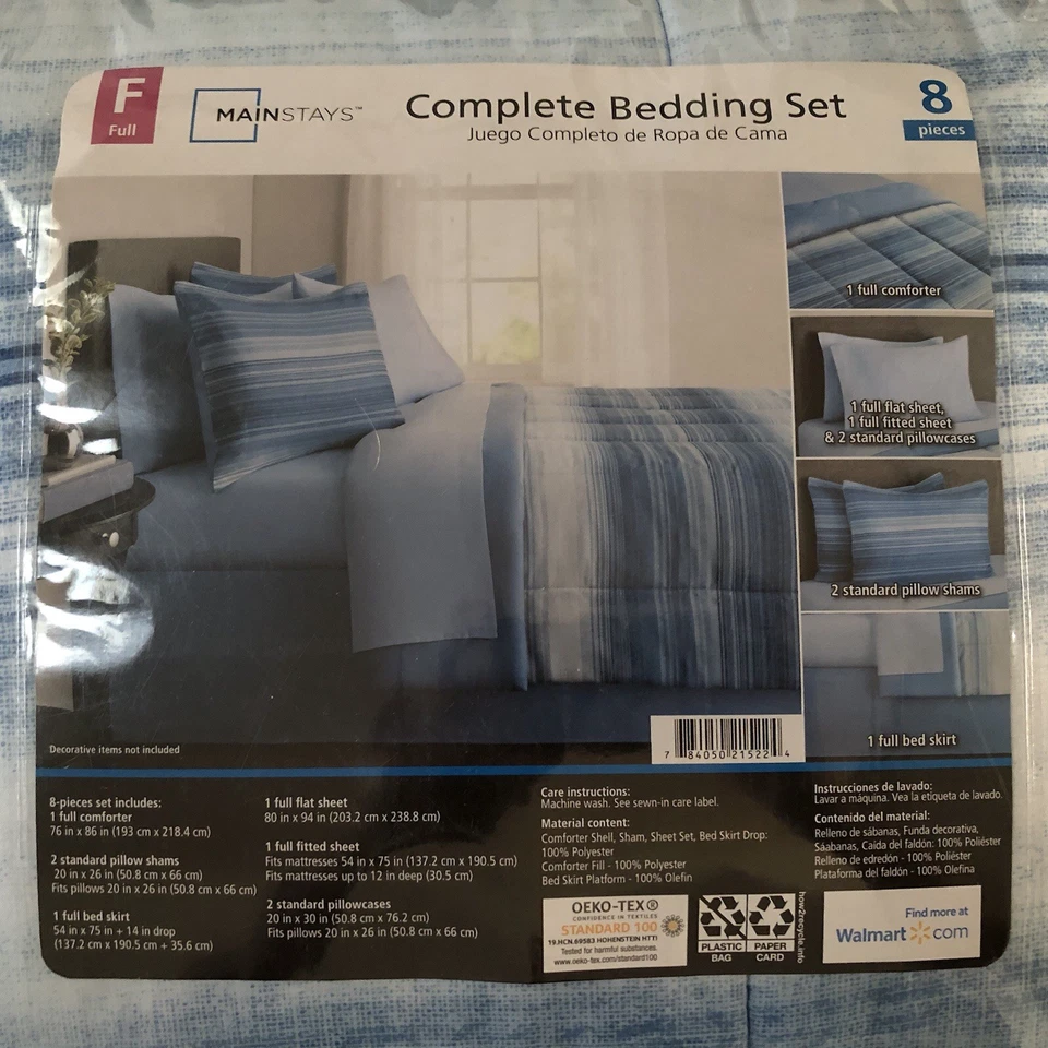 Mainstays Complete Bedding Set Full Size 8 Piece Blue NEW Comforter Sheets Skirt - Image 2 of 4