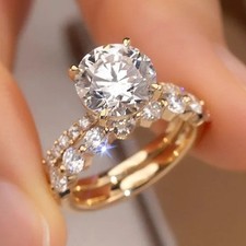 3.25CTW Round Cut Moissanite Bridal Set Engagement Ring 14k Yellow Gold Plated