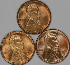 1945 P / D / S   LINCOLN WHEAT CENT GEM BU BRILLIANT RED LOT OF 3 COINS $1.00/SH