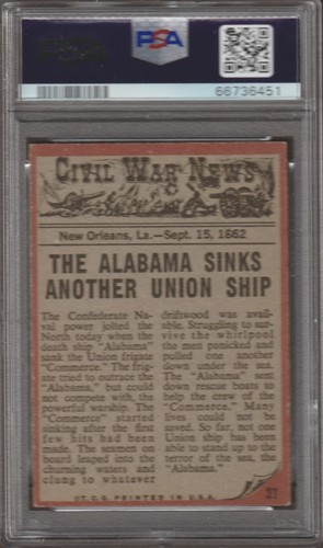 1962 CIVIL WAR NEWS TRADING CARD 31 - PSA 6 - TERROR OF THE SEA - Picture 2 of 2