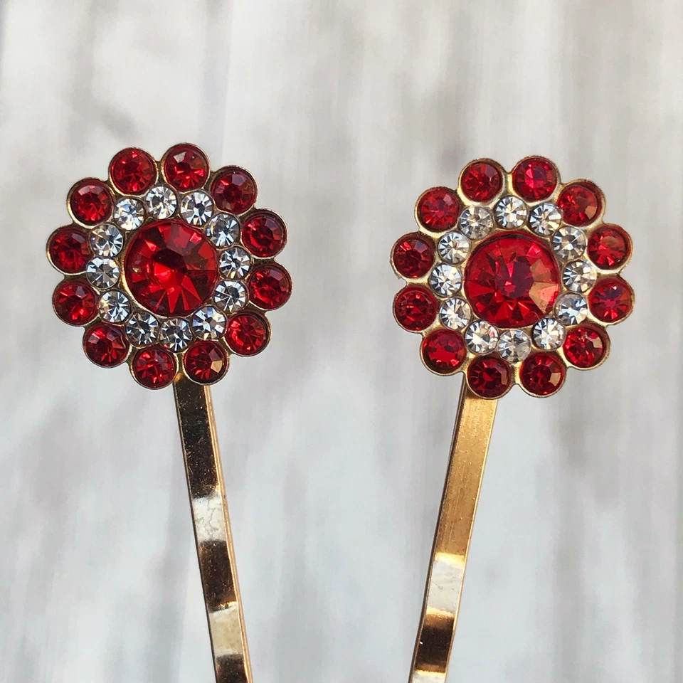 Red Rhinestone Hair Pins, Red Flower Hair Pins, Hair Pins For Woman, Womens Hair - Image 3 of 4