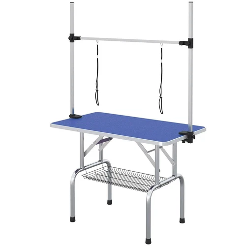 PawHut Metal Adjustable Dog Grooming Table Rubber Top 2 Safety Slings Mesh Blue