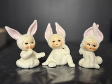 3 Vintage LEFTON Easter Snow Bunny Rabbit Pixie Bunnies Sugar Texture Japan