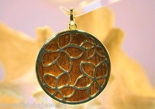 39mm Gold Plated Brass Inlaid Hawaiian Koa Wood Reversible Plumeria Pendant 2