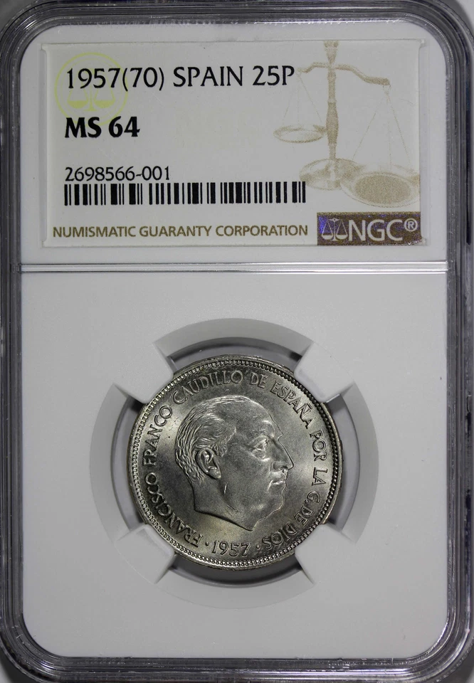 Spain Caudillo and Regent 1957 (70) 25 Pesetas NGC MS64 KM# 787 (001) - Image 2 of 4