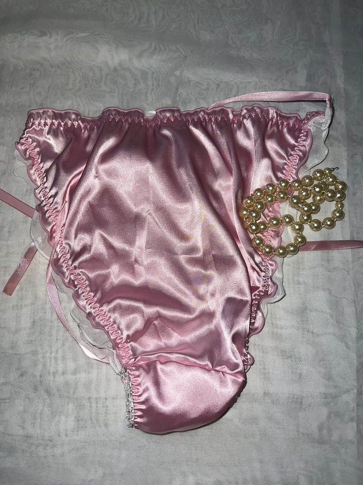 Glossy Pink & White Silky Satin Crinkle Ruffle w Bow Bikini Panties XL