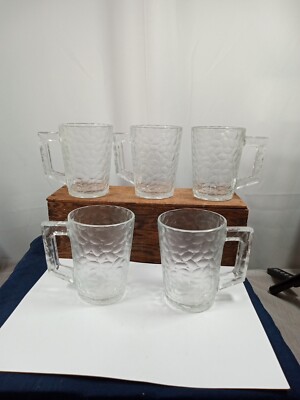 Set of 5 Arcoroc Luminarc Vercors Clear Pebbled Mugs Cups - Square Handle