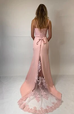 Long  Bridesmaid Formal Mermaid Peach Spaghetti Strap Graduation Gown Dress - Image 1 of 4