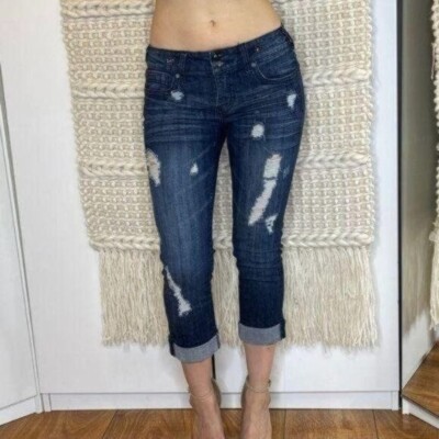 Denimology Dark Blue Distressed Cropped Jeans Mid Rise Size 5