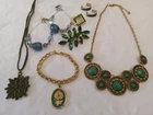 vintage costume jewelry lot green themed necklaces bracelet earrings brooches