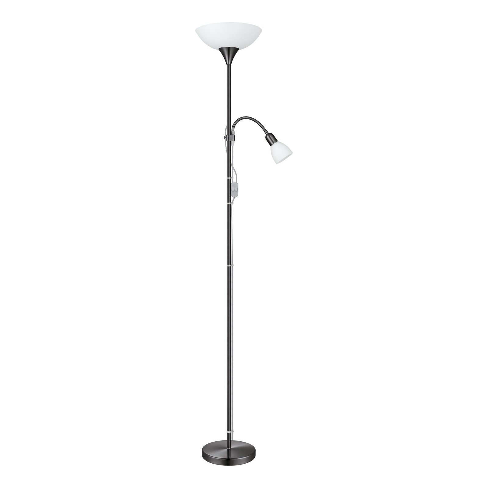 Lampadaire Up 2 flammes en métal nickel-noir avec liseuse et vasque en verre