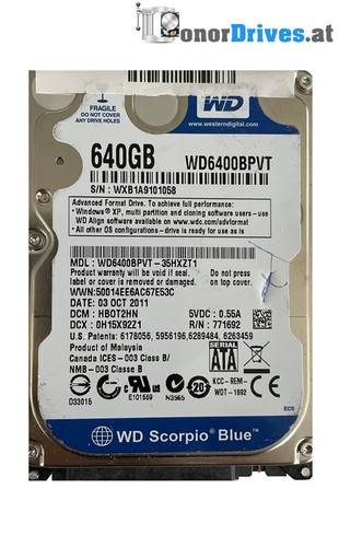 Western Digital WD6400BPVT-35HXZT1 - 640 GB - SATA - PCB 2060-771692-002 Rev. A*