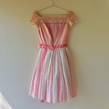 Vintage 1950s Pink and White Lace Tea Length Tulle Party Dress