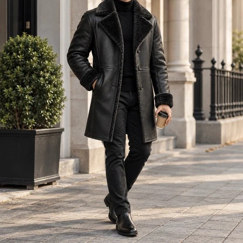 Mens Genuine Leather Shearling Coat Black Brown Fur Lined Winter Jacket video thumbnail