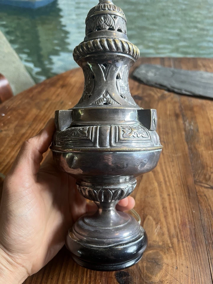 Encensoir Monté en lampe Métal Argenté XIx Eme Messe Prêtre Religieux - Photo 2/4