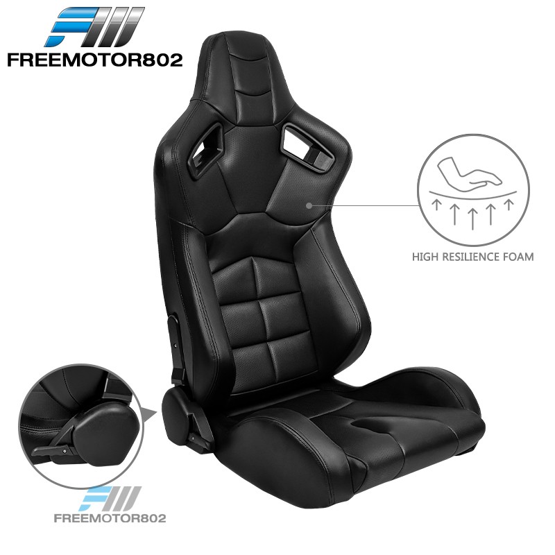 Adjustable Universal Racing Seat Muscle Style Black PU Leather & Dual Slider x2