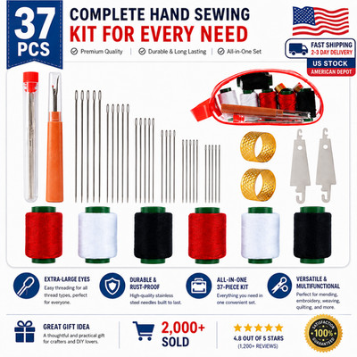 37PCS Sewing Kit Big Eye Needles Threader Thread Seam Ripper Thimbles Set