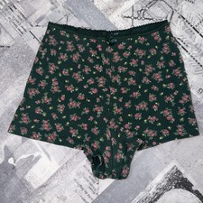Vintage Victoria's Secret Country Sleep Shorts MED Ribbed Green Floral Cotton