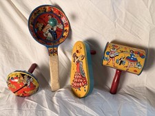 Vintage 1950s US Metal Toy Mfg Co Tin Litho Noisemakers Lot of 4 Circus Dancers