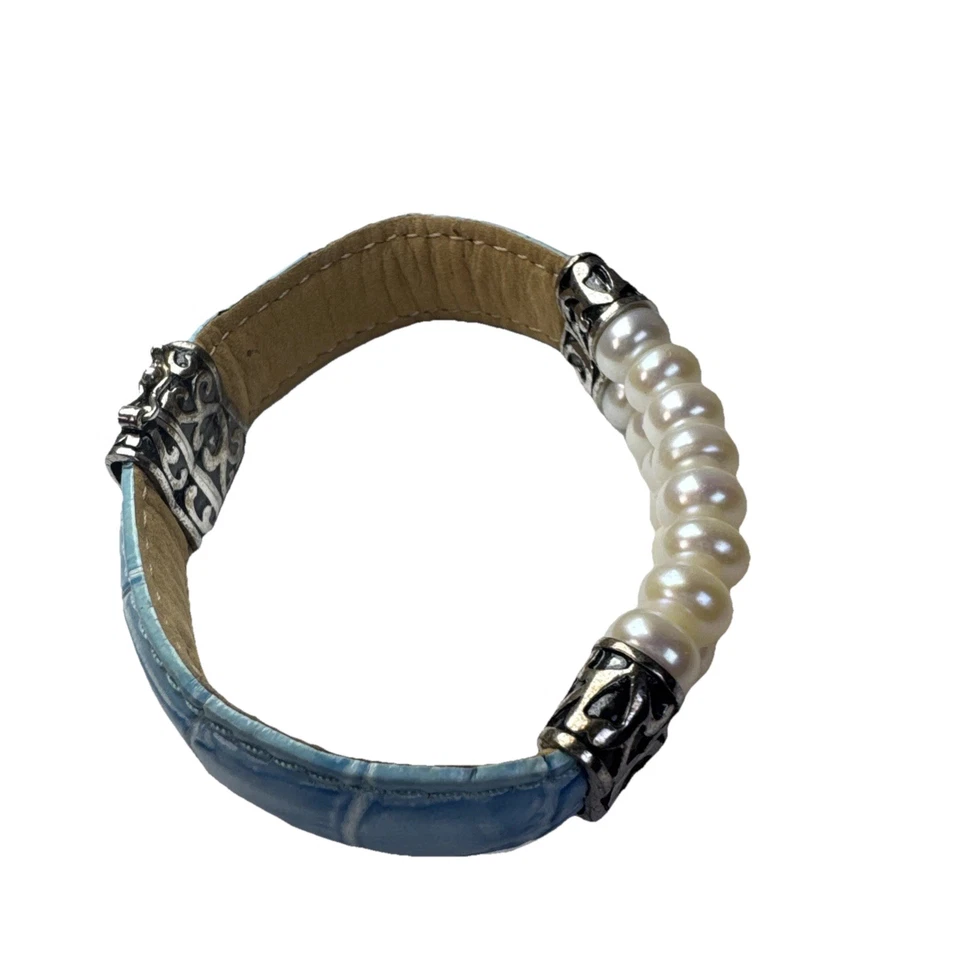 "Brazalete con correa de cuero azul perla de agua dulce vintage Honora de plata esterlina de 7""" Foto 3 de 4