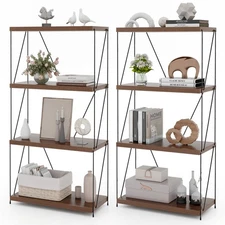 2PCS 4-Tier Storage Shelving Unit Industrial Bookshelf with Metal Frame Walnut