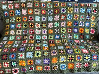 Vintage 1970 s Granny Square Afghan Olive Avocado Green Large 72  X 104 