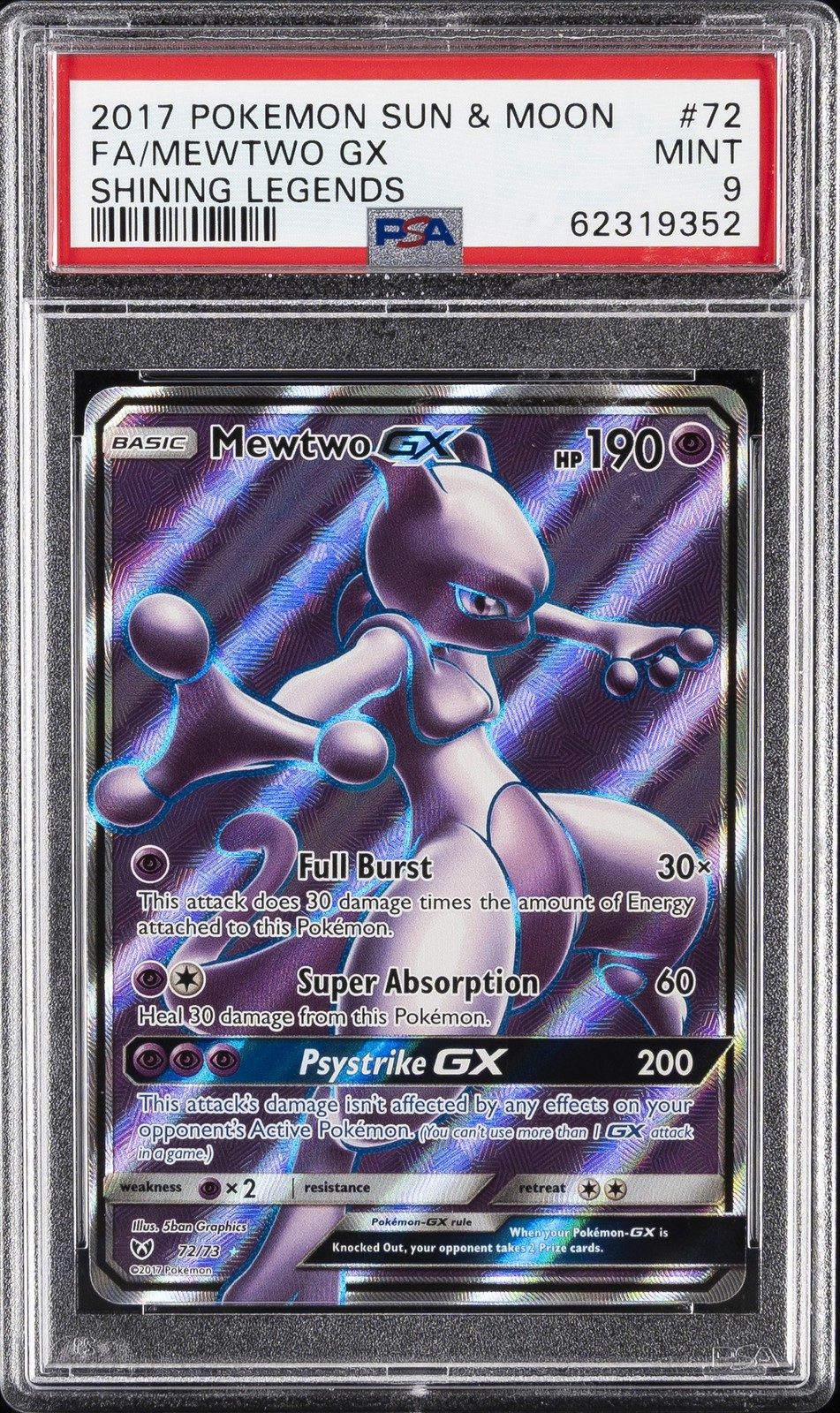 2017 POKEMON SUN & MOON SHINING LEGENDS #72 FULL ART/MEWTWO GX PSA 9