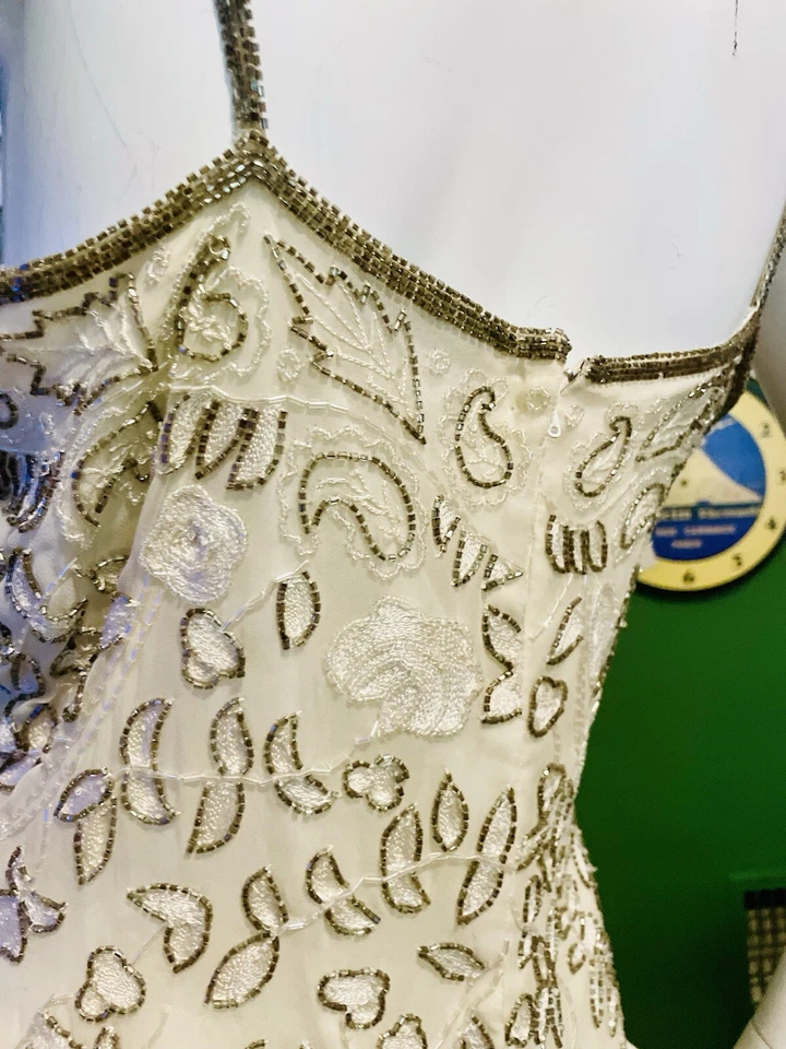 Vtg Y2K Ivory Silk Party Slip Dress Adrianna Pappel L  38/32 Beaded Sequins - Image 3 of 4