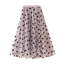 Women Heart-shaped Pattern Mesh Layered Skirt A Line Tulle Dress Midi Casual