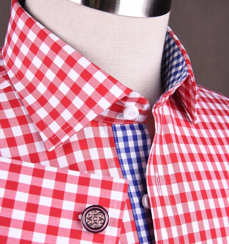 Large Red Gingham Check Formal Business Dress Shirt Blue Easy Iron Wrinkle Free - 第 1/12 張圖片