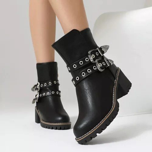 Women Booties Mid Chunky Heel Round Toe Zip Up Casual Buckle Fashion Ankle Boots - Bild 17 von 29