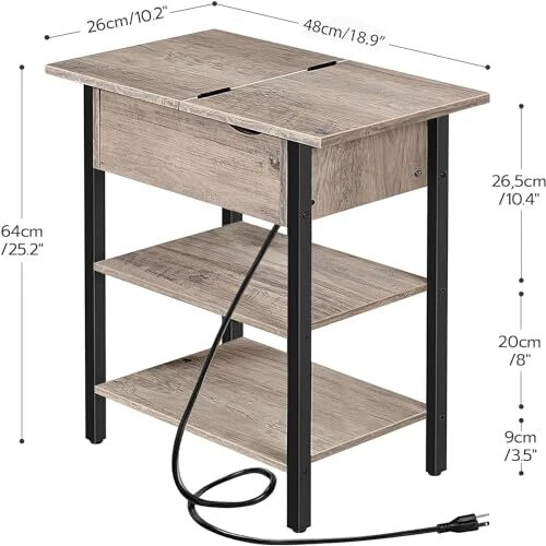 Side Table, Flip End Table with Charging Station and Shelves, 1 Greige+black - Image 3 of 4
