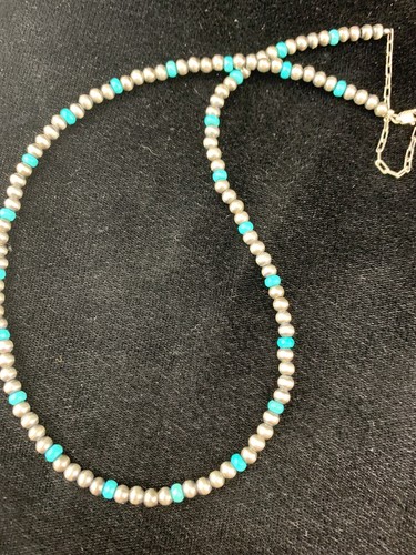 Blue Turquoise Navajo Pearls 4mm Sterling Silver Bead 14" Necklace 94116 - Picture 3 of 12