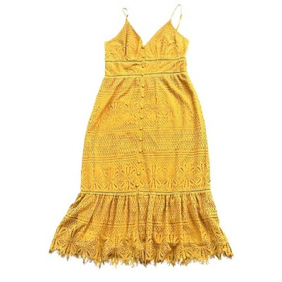 Lulus Robyn Mustard Yellow Lace Midi Dress Button Front L Boho Cottagecore