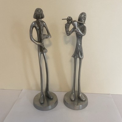 Paar silberne Metallfiguren Musiker, Hornist und Flötist 10'' große Skulpturen