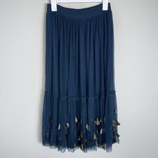 Maeve Anthropologie Layered Midi Length Skirt-Teal Blue-Tassels-Boho-Size XS