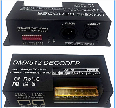 DMX512 4CH Decoder DC12-24V DMX In/Out 4x10A DIP Switch Addressing