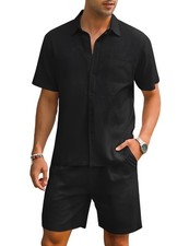 Men 2 Piece Linen Outfits Set Casual Short Sleeve Shirt and Short Beach Set B...