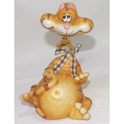 Orange Tabby Cat Bobblehead Ceramic Figurine Gingham Bow Whimsical Home Decor