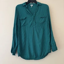 Splendid Green Geometric Print Button Front Blouse Long Sleeve Women’s XS