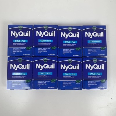 (8) Nyquil Cold & Flu Nighttime Plus Pain Relief  24 Liqui Caps Exp 7/26
