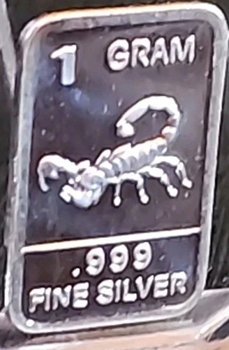 1 Gram .999 Fine Silver Art Bar Ingot. Scorpion.