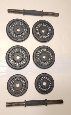 6 Bollinger Barbell Threaded Dumbell Weights Plates w/2 Bars 31 lb