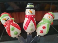 Set Of 3 Assorted Holiday Snowmen Cheese Spreaders Stainless Steel Ceramic Cute