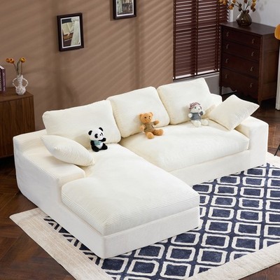 White Corduroy Sofa w/ Pillows - Soft Skin-Friendly Compact Living Room